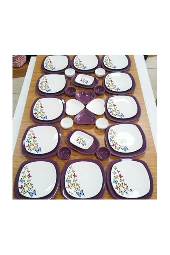 Demet Çeyiz Kelebek Kare Desenli 40 Parça 12 Kişilik Seramik Kahvaltı Takımı Mor