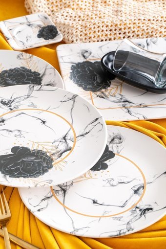 Black Black Rose Yuvarlak Desenli 23 Parça 6 Kişilik Stoneware Kahvaltı Takımı Beyaz-Siyah