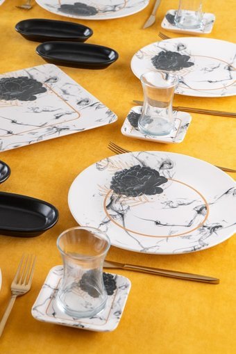 Black Black Rose Yuvarlak Desenli 23 Parça 6 Kişilik Stoneware Kahvaltı Takımı Beyaz-Siyah