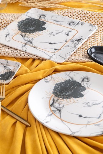 Black Black Rose Yuvarlak Desenli 23 Parça 6 Kişilik Stoneware Kahvaltı Takımı Beyaz-Siyah