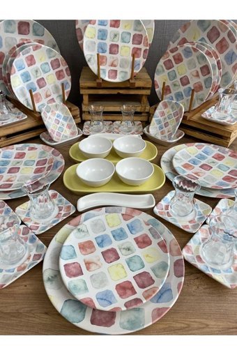 Keramika Colors Desenli 60 Parça 12 Kişilik Seramik Kahvaltı Takımı Çok Renkli