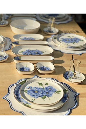 Onedekor Lüks Ocean Blue Desenli 43 Parça 6 Kişilik Stoneware Kahvaltı Takımı Mavi