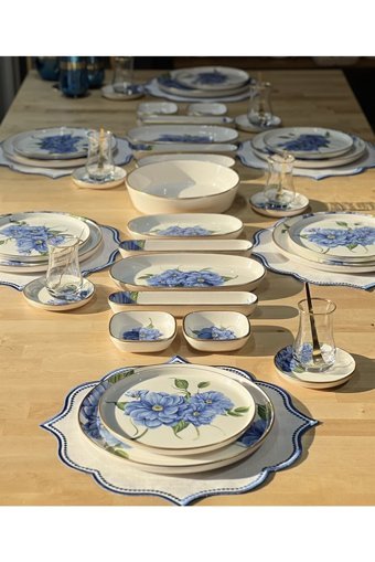 Onedekor Lüks Ocean Blue Desenli 43 Parça 6 Kişilik Stoneware Kahvaltı Takımı Mavi