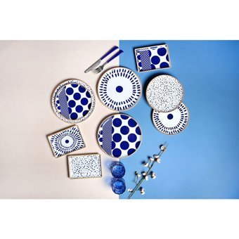 Porland Spotty Karma 04Por034885 Desenli 18 Parça 6 Kişilik Porselen Kahvaltı Takımı Beyaz-Mavi