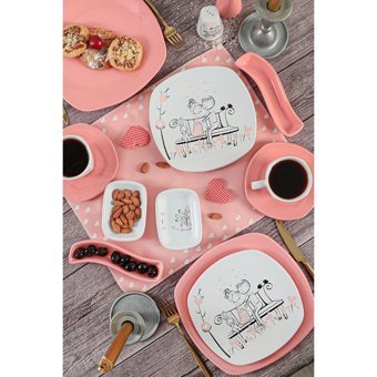 Keramika Tatlı Düş Desenli 14 Parça 2 Kişilik Seramik Kahvaltı Takımı Beyaz-Pembe