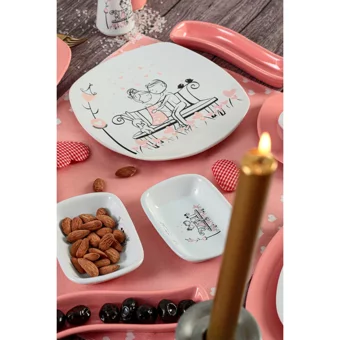 Keramika Tatlı Düş Desenli 14 Parça 2 Kişilik Seramik Kahvaltı Takımı Beyaz-Pembe