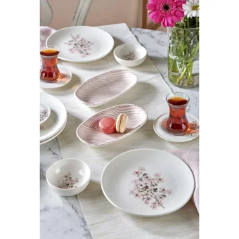 Neva Mois N3458 Desenli 24 Parça 6 Kişilik Porselen Kahvaltı Takımı Beyaz-Pembe