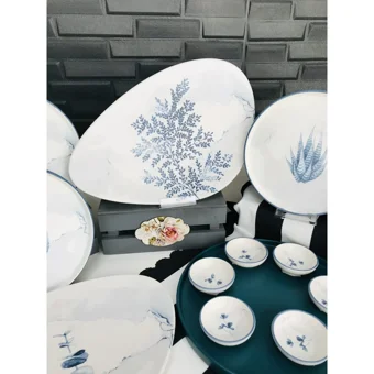 Keramika Parça Blue Oval-Yuvarlak Desenli 24 Parça 6 Kişilik Seramik Kahvaltı Takımı Beyaz-Mavi
