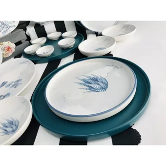 Keramika Parça Blue Oval-Yuvarlak Desenli 24 Parça 6 Kişilik Seramik Kahvaltı Takımı Beyaz-Mavi