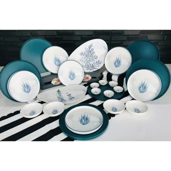 Keramika Parça Blue Oval-Yuvarlak Desenli 24 Parça 6 Kişilik Seramik Kahvaltı Takımı Beyaz-Mavi