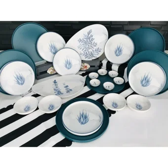 Keramika Parça Blue Oval-Yuvarlak Desenli 24 Parça 6 Kişilik Seramik Kahvaltı Takımı Beyaz-Mavi
