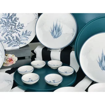 Keramika Parça Blue Oval-Yuvarlak Desenli 24 Parça 6 Kişilik Seramik Kahvaltı Takımı Beyaz-Mavi