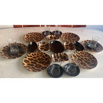 Keramika Leopar Desenli 25 Parça 6 Kişilik Seramik Kahvaltı Takımı Çok Renkli