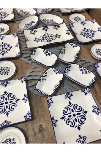 Yiğit Seramik Züccaciye Isırgan Desenli 21 Parça 6 Kişilik Seramik Kahvaltı Takımı Mavi