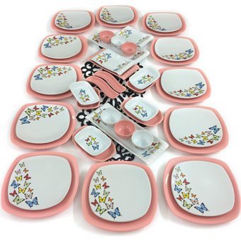 Keramika Kelebek Kare Desenli 45 Parça 12 Kişilik Seramik Kahvaltı Takımı Beyaz-Pembe