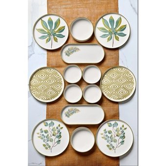 Wuuq Stackable Yaprak Desenli 14 Parça 6 Kişilik Seramik Kahvaltı Takımı Beyaz