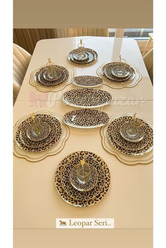 Poncik Pazar Leopar Desenli 34 Parça 6 Kişilik Cam Kahvaltı Takımı Kahverengi