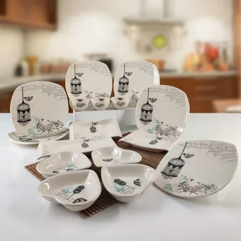 Keramika Retro Kare Desenli 16 Parça 6 Kişilik Seramik Kahvaltı Takımı Beyaz