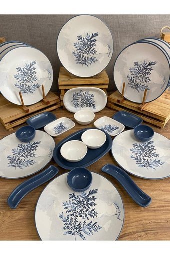 Demet Çeyiz Blue Magic Yuvarlak Desenli 26 Parça 12 Kişilik Stoneware Kahvaltı Takımı Mavi