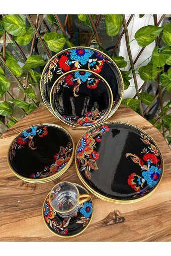 Gürcüglass Çiçek Yuvarlak Desenli 24 Parça 6 Kişilik Cam Kahvaltı Takımı Siyah