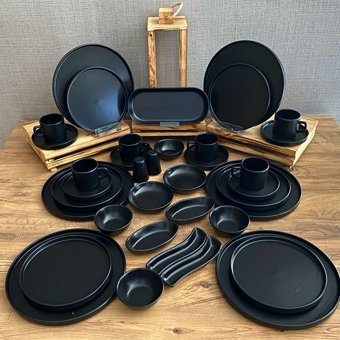 Demet Çeyiz Stackable Yuvarlak 37 Parça 6 Kişilik Seramik Kahvaltı Takımı Siyah