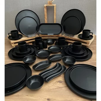 Demet Çeyiz Stackable Yuvarlak 37 Parça 6 Kişilik Seramik Kahvaltı Takımı Siyah