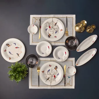 Karaca Fine Pearl New Grace Black Oval-Yuvarlak Desenli 26 Parça 6 Kişilik Fine Pearl Kahvaltı Takımı Beyaz