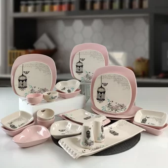 Keramika Retro Desenli 29 Parça 6 Kişilik Seramik Kahvaltı Takımı Beyaz-Pembe