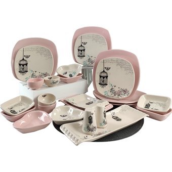 Keramika Retro Desenli 29 Parça 6 Kişilik Seramik Kahvaltı Takımı Beyaz-Pembe