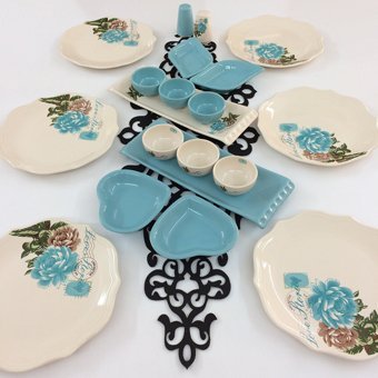 Keramika Çiçek Yuvarlak Desenli 20 Parça 6 Kişilik Seramik Kahvaltı Takımı Beyaz-Mavi