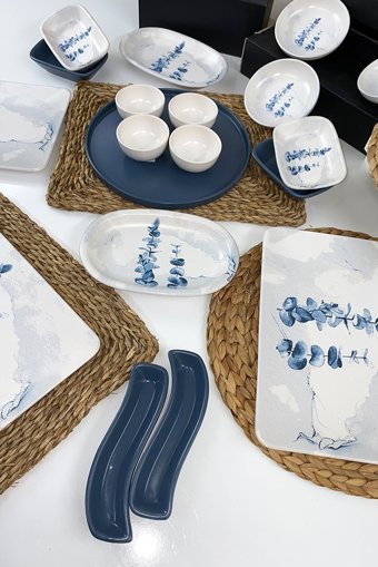 Keramika Blue Magic Kare Desenli 22 Parça 6 Kişilik Seramik Kahvaltı Takımı Beyaz