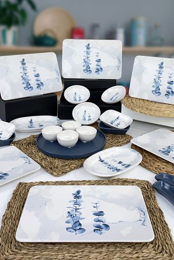 Keramika Blue Magic Kare Desenli 22 Parça 6 Kişilik Seramik Kahvaltı Takımı Beyaz