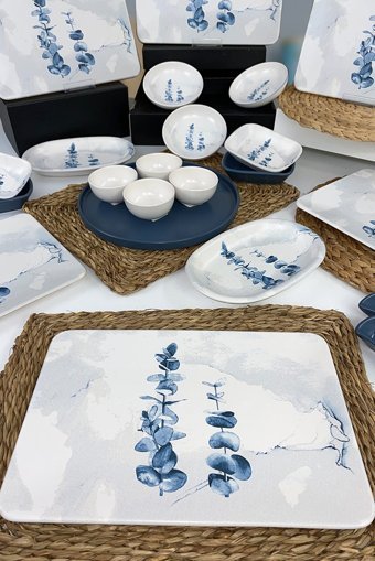 Keramika Blue Magic Kare Desenli 22 Parça 6 Kişilik Seramik Kahvaltı Takımı Beyaz