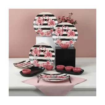 Keramika Flamingo Yuvarlak Desenli 14 Parça 6 Kişilik Stoneware Kahvaltı Takımı Çok Renkli