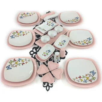 Keramika Kelebek Kare Desenli 30 Parça 6 Kişilik Seramik Kahvaltı Takımı Beyaz-Pembe