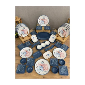 Keramika Blue Flowers Yuvarlak Desenli 53 Parça 12 Kişilik Seramik Kahvaltı Takımı Beyaz-Mavi