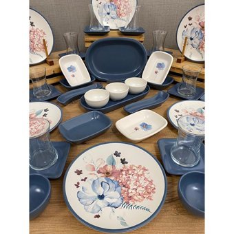 Keramika Blue Flowers Yuvarlak Desenli 53 Parça 12 Kişilik Seramik Kahvaltı Takımı Beyaz-Mavi