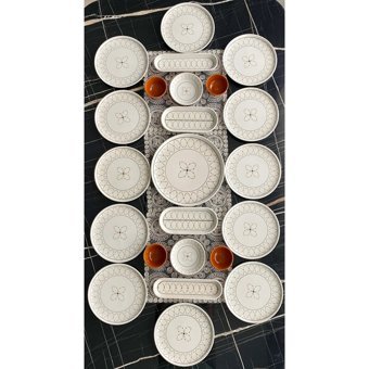 Venüs Home Gold Elips Desenli 23 Parça 12 Kişilik Seramik Kahvaltı Takımı Beyaz-Gold