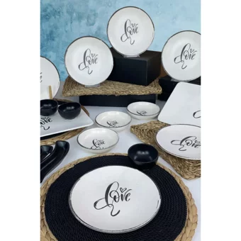 Keramika Love Desenli 16 Parça 6 Kişilik Seramik Kahvaltı Takımı Beyaz-Siyah
