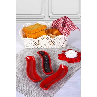 Keramika Ivory Oval 3 Parça Stoneware Kahvaltı Takımı Kırmızı