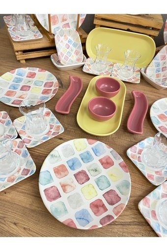 Keramika Colors Desenli 46 Parça 12 Kişilik Seramik Kahvaltı Takımı Çok Renkli