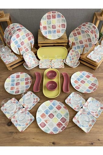 Keramika Colors Desenli 46 Parça 12 Kişilik Seramik Kahvaltı Takımı Çok Renkli