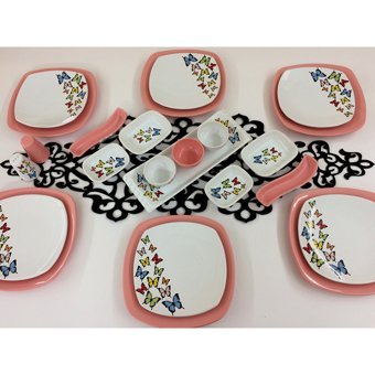Keramika Kelebek Kare Desenli 24 Parça 6 Kişilik Seramik Kahvaltı Takımı Beyaz-Pembe