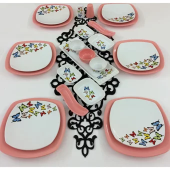 Keramika Kelebek Kare Desenli 24 Parça 6 Kişilik Seramik Kahvaltı Takımı Beyaz-Pembe