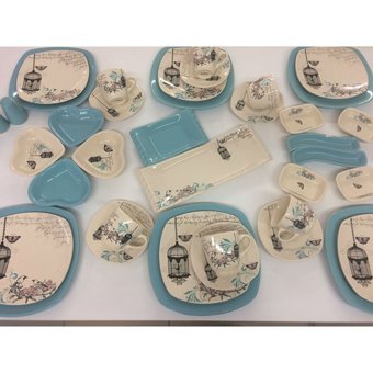 Keramika Retro Desenli 38 Parça 6 Kişilik Seramik Kahvaltı Takımı Beyaz-Mavi
