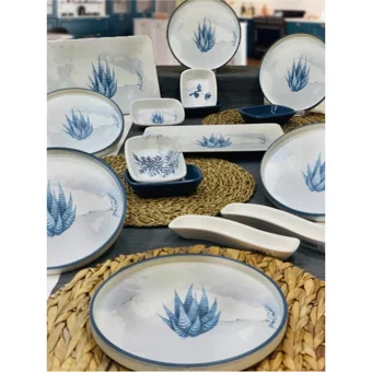 Pembiş Mutfağım Blue Magic Stackable Desenli 16 Parça 6 Kişilik Stoneware Kahvaltı Takımı Beyaz-Mavi