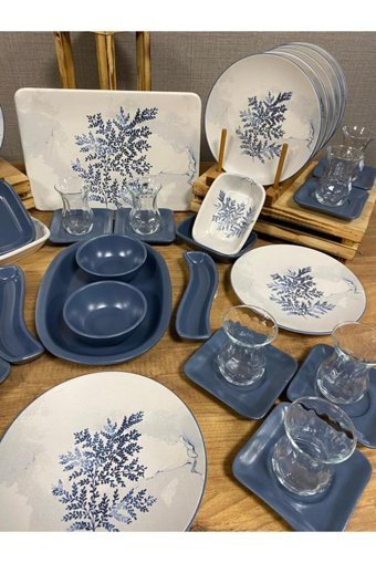 Demet Çeyiz Blue Magic Yuvarlak Desenli 46 Parça 12 Kişilik Seramik Kahvaltı Takımı Mavi