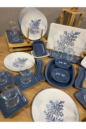 Demet Çeyiz Blue Magic Yuvarlak Desenli 46 Parça 12 Kişilik Seramik Kahvaltı Takımı Mavi