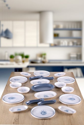 Keramika Blue Magıc Yuvarlak Desenli 21 Parça 6 Kişilik Seramik Kahvaltı Takımı Beyaz