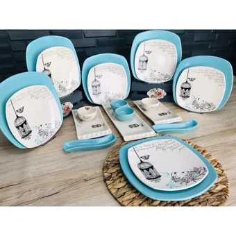 Keramika Retro Kare Desenli 21 Parça 6 Kişilik Seramik Kahvaltı Takımı Beyaz-Mavi
